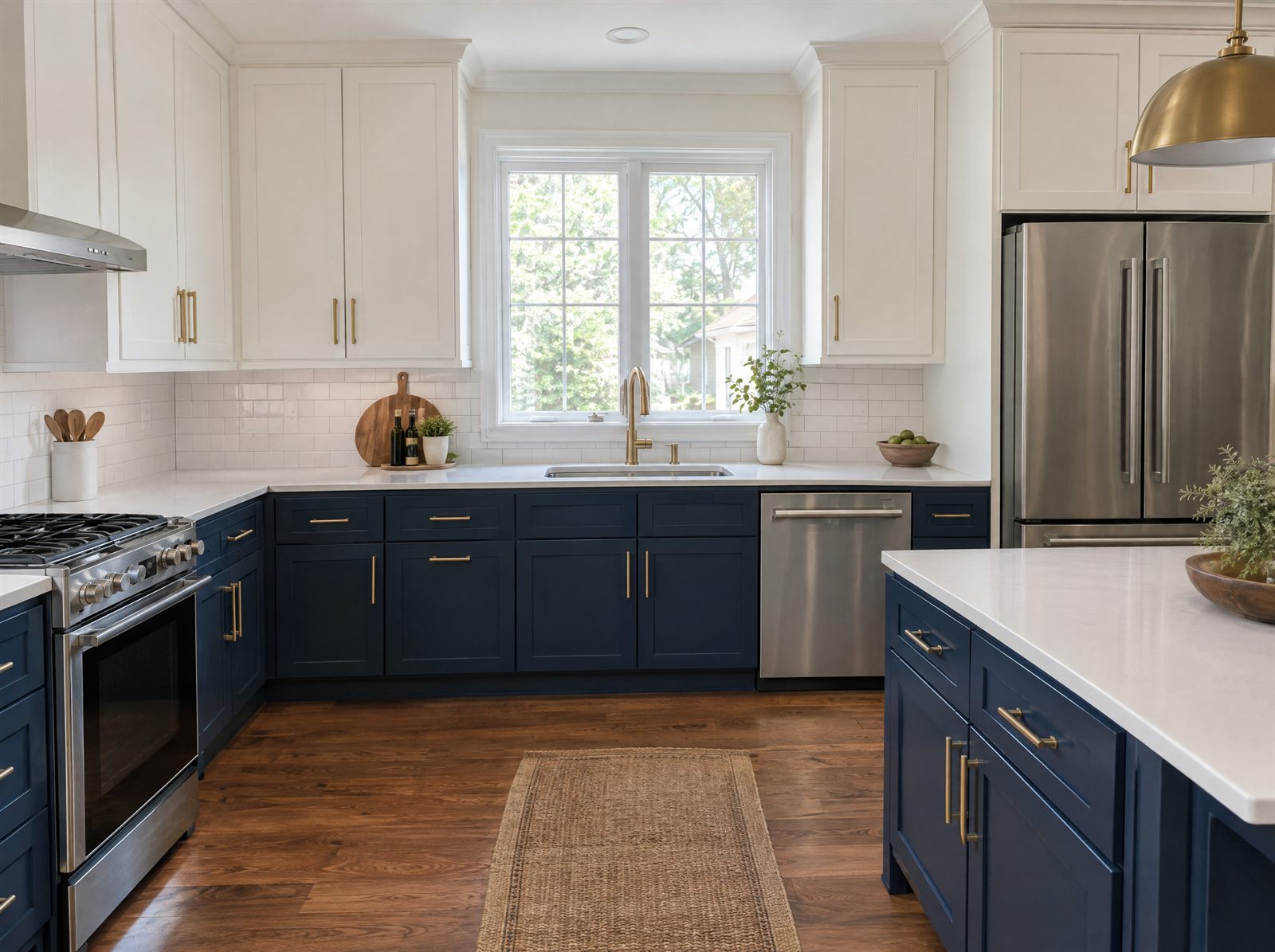 Same kitchen with navy and white painted cabinets