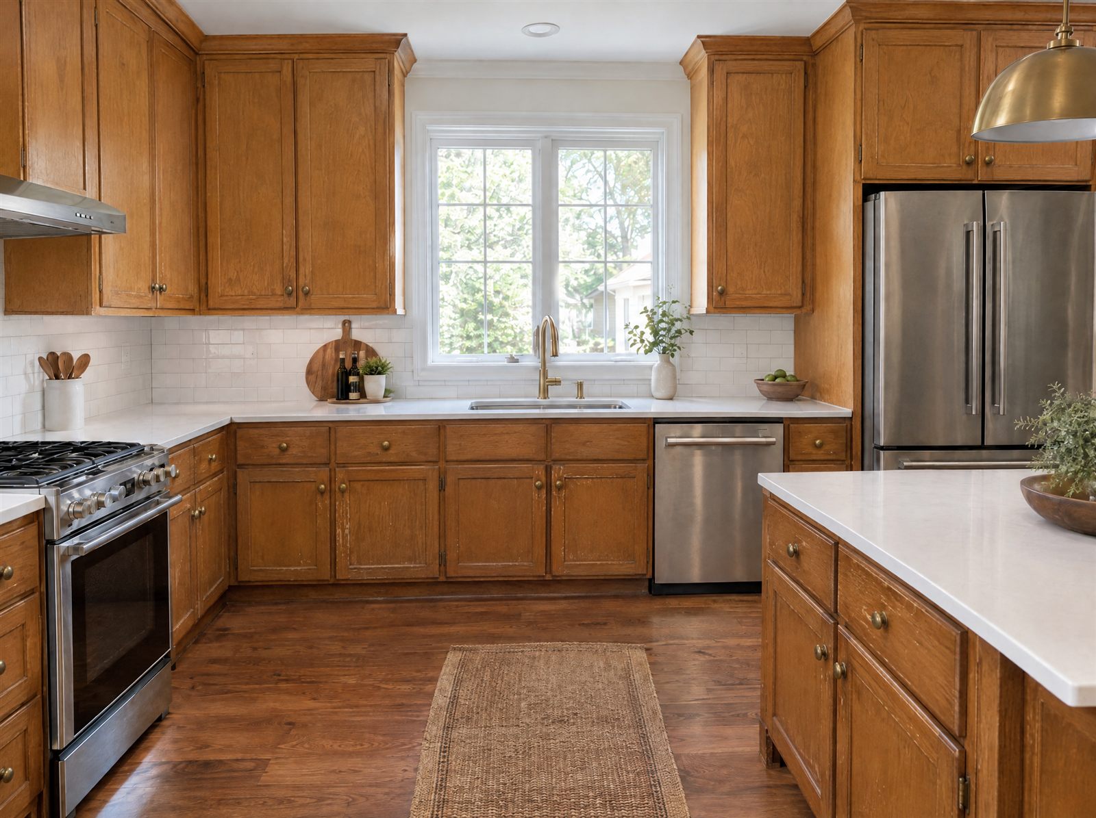Kitchen with dated honey oak cabinets