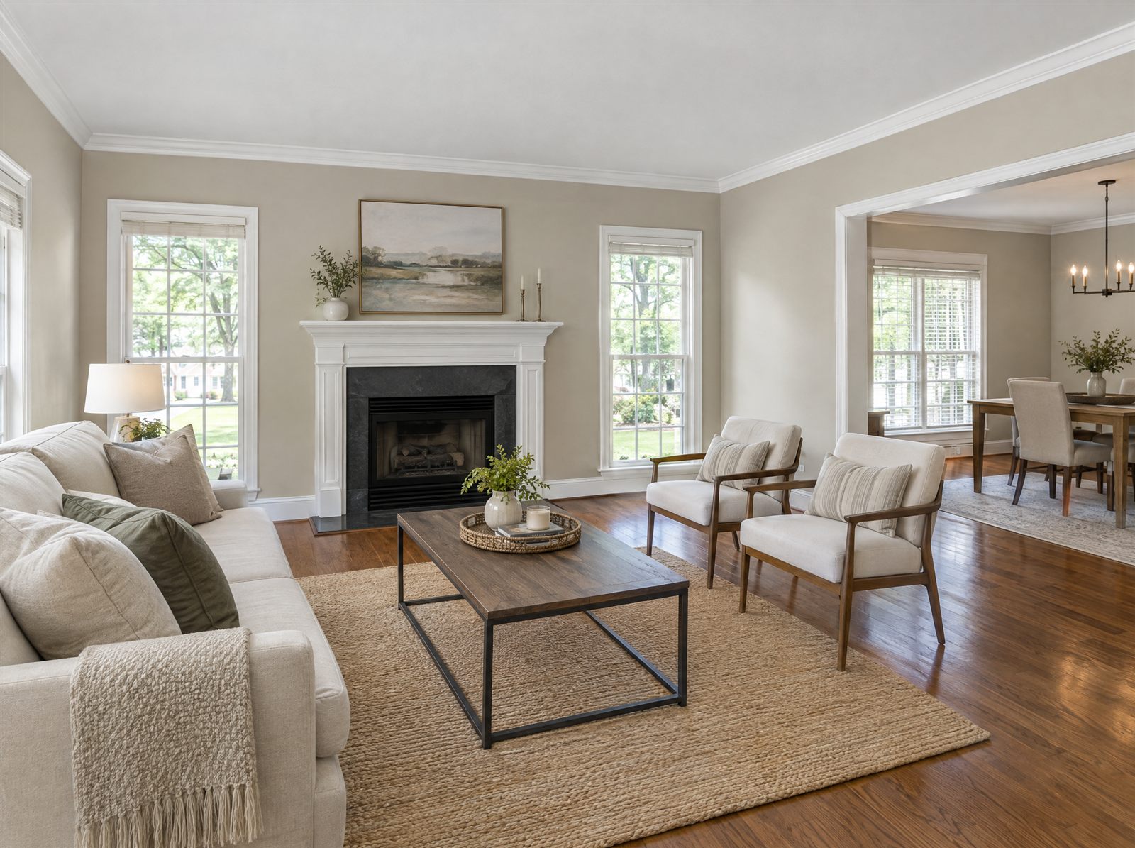 Same living room with fresh greige walls and white trim