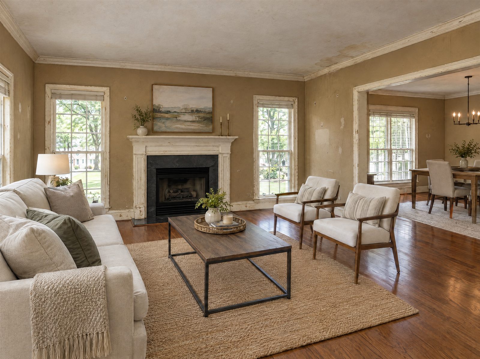 Living room with stained, scuffed tan walls