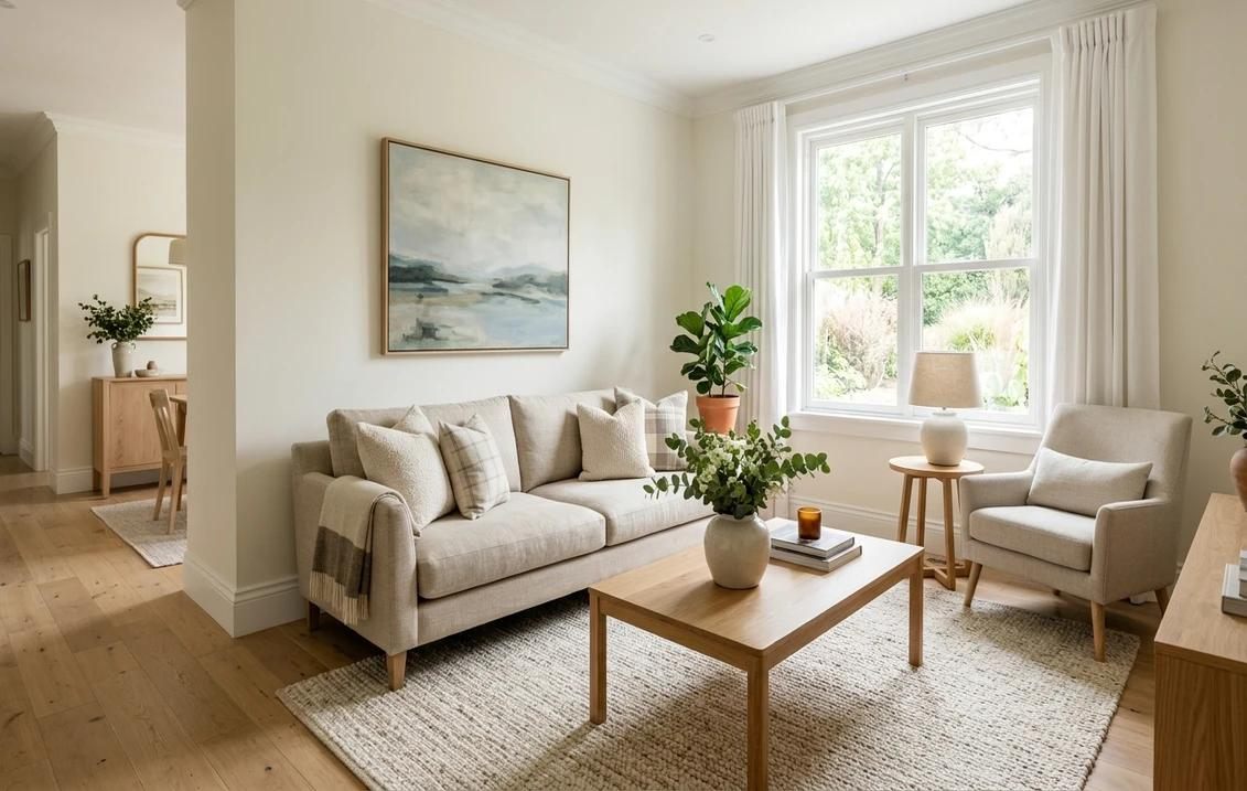 Living room with warm white walls